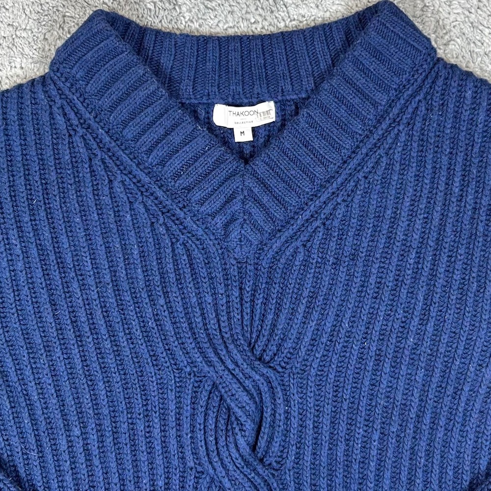 Thakoon Collective Navy Blue Wool Blend Cable Knit V-Neck Ribbed Sweater Medium
